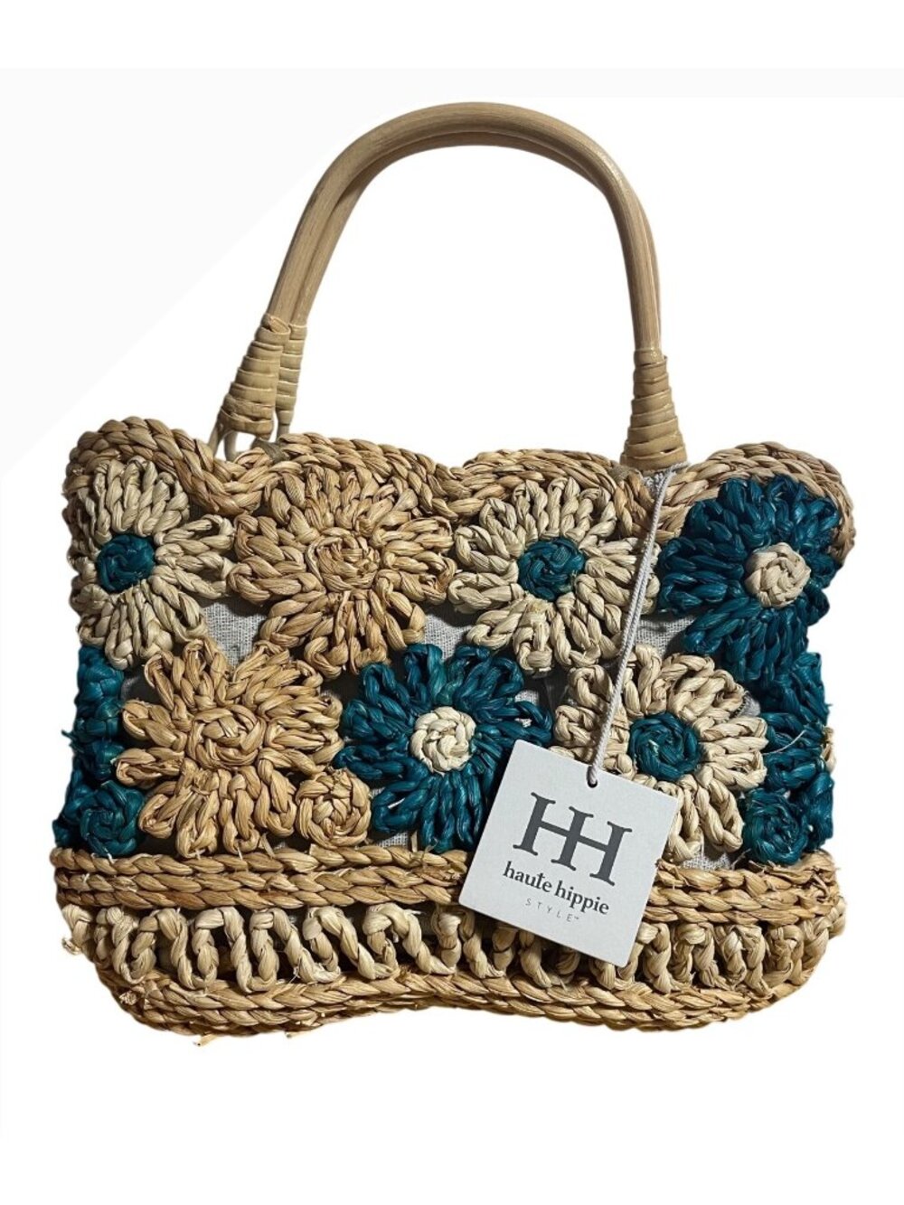 Haute Hippie Small Natural Beige Teal Floral Woven Raffia Straw Tote Bag